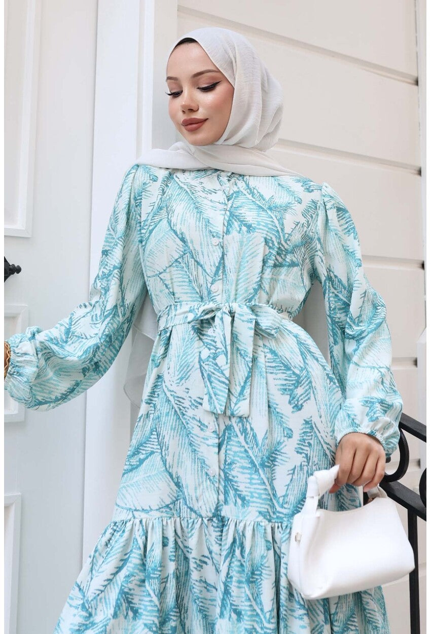 Kadın Desenli Uzun Tesettür Elbise 2586