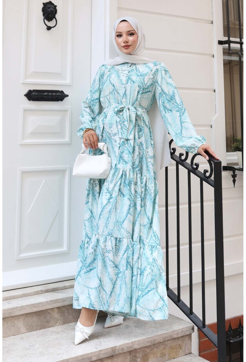 Kadın Desenli Uzun Tesettür Elbise 2586