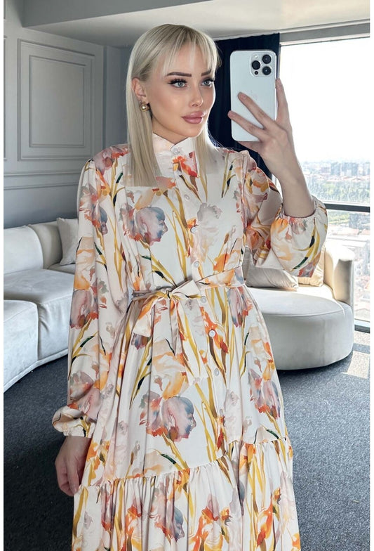 Kadın Desenli Uzun Tesettür Elbise 2586