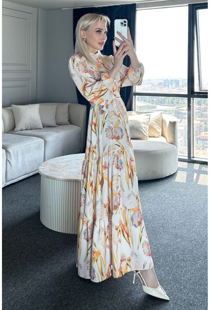 Kadın Desenli Uzun Tesettür Elbise 2586