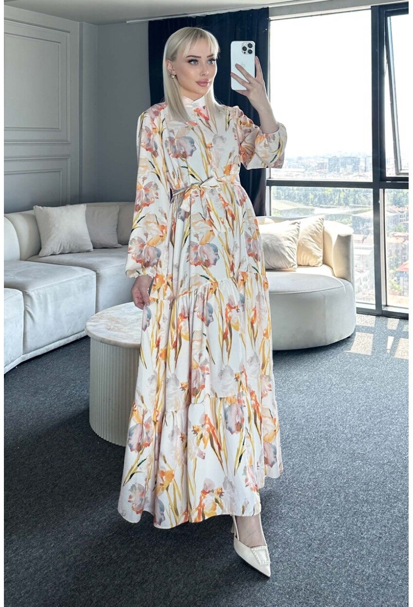 Kadın Desenli Uzun Tesettür Elbise 2586