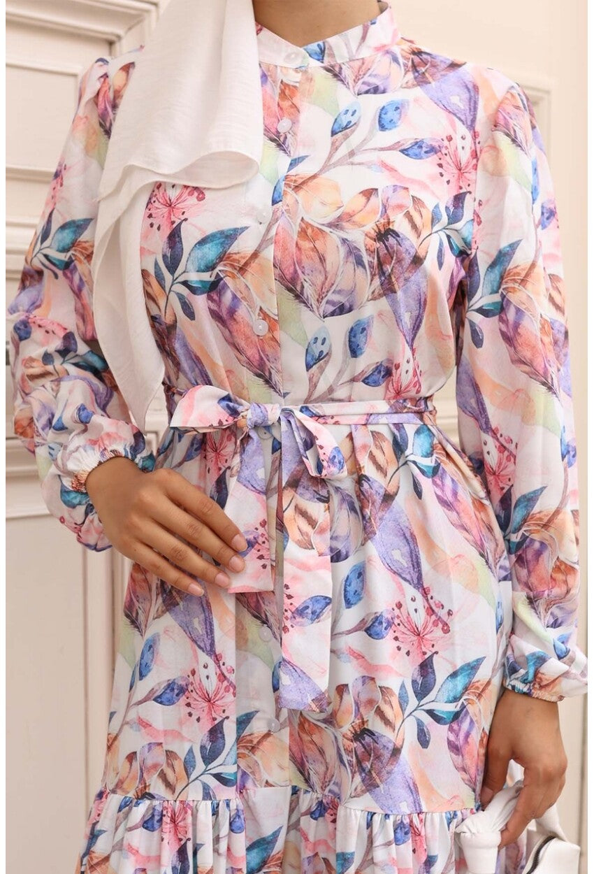 Kadın Desenli Uzun Tesettür Elbise 2586