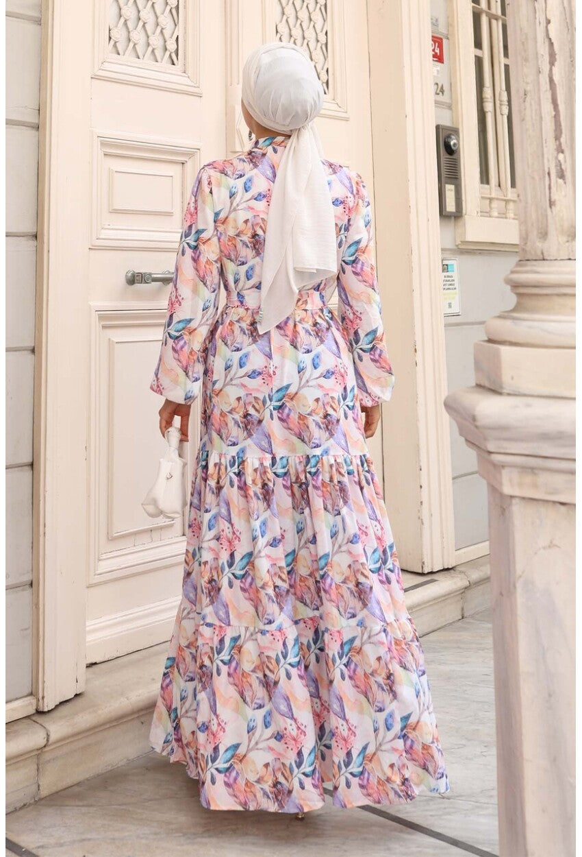 Kadın Desenli Uzun Tesettür Elbise 2586