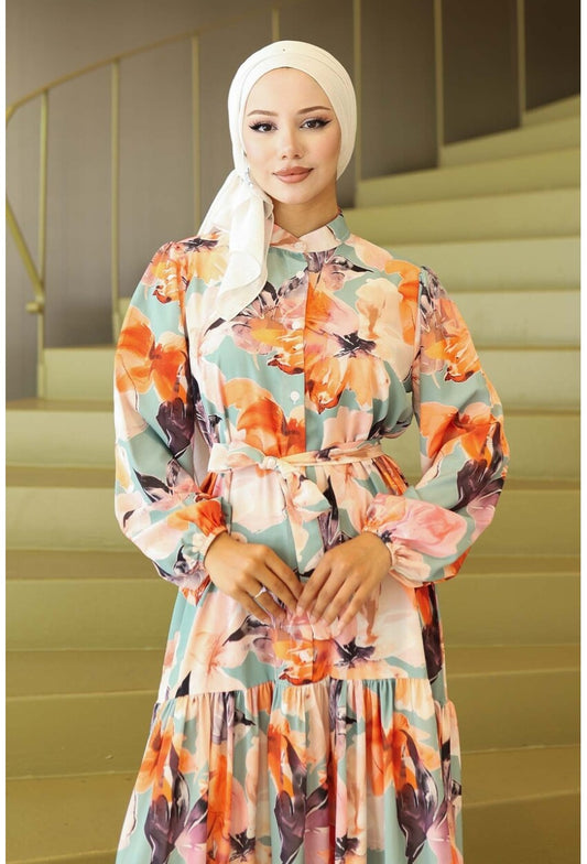 Kadın Desenli Uzun Tesettür Elbise 2586