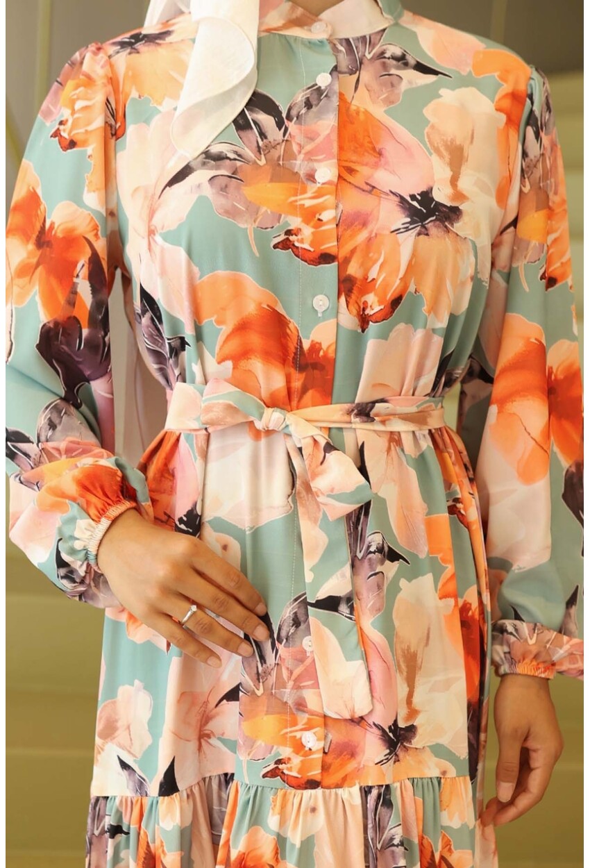 Kadın Desenli Uzun Tesettür Elbise 2586