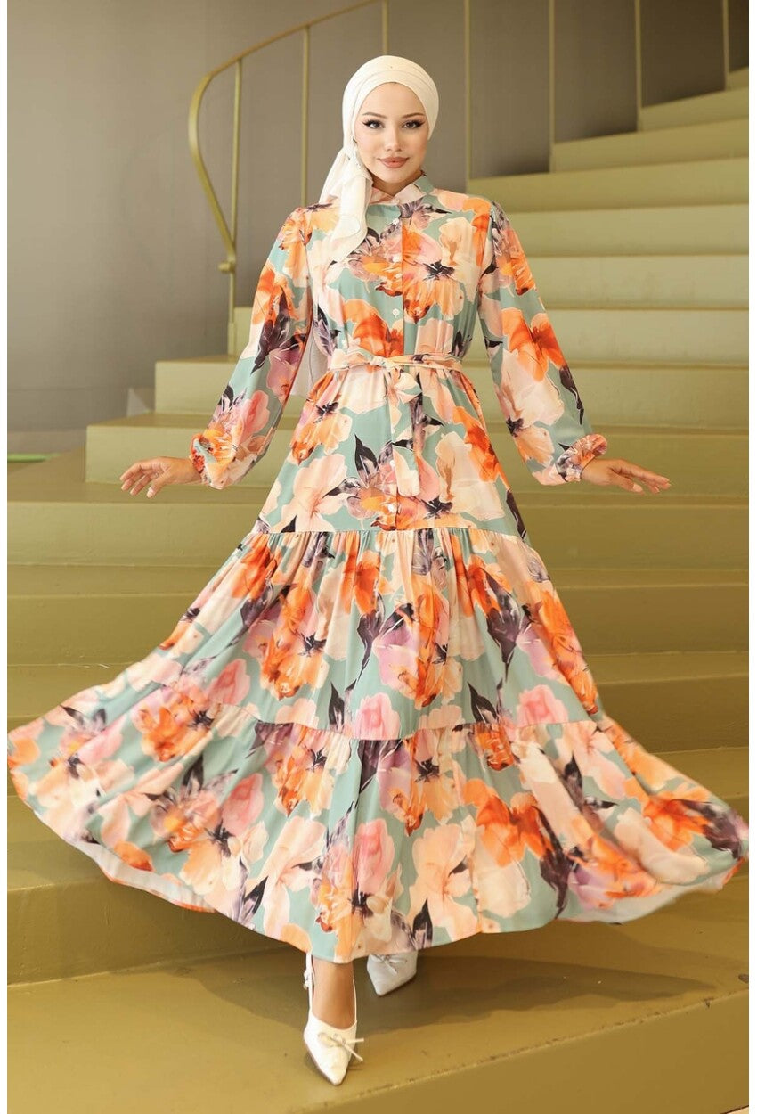 Kadın Desenli Uzun Tesettür Elbise 2586