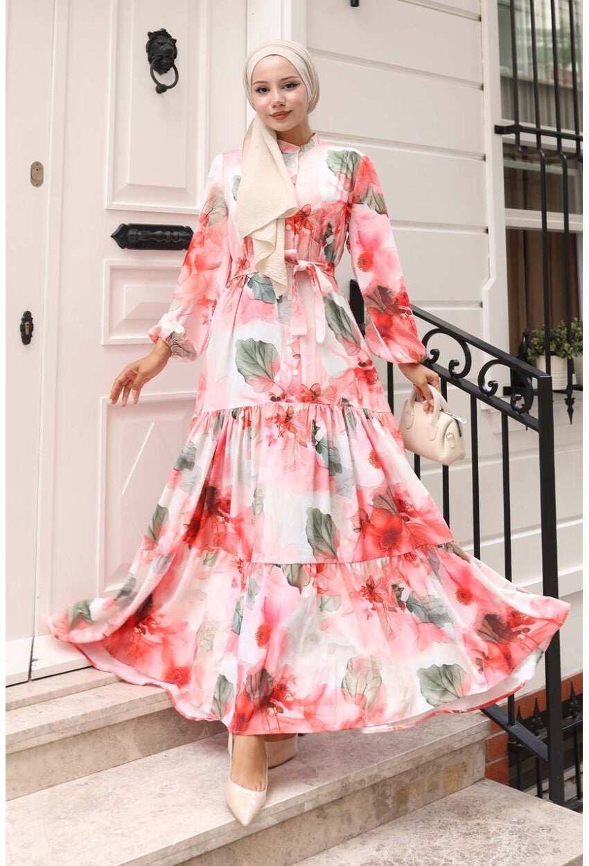 Kadın Desenli Uzun Tesettür Elbise 2586