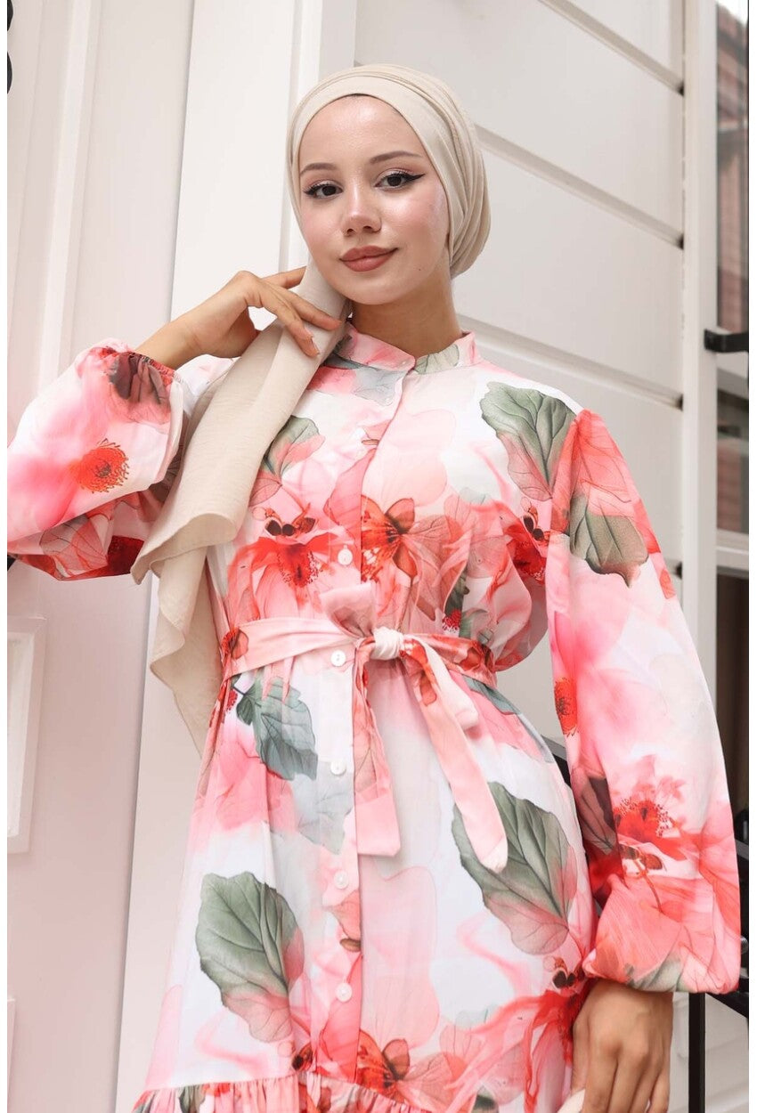 Kadın Desenli Uzun Tesettür Elbise 2586