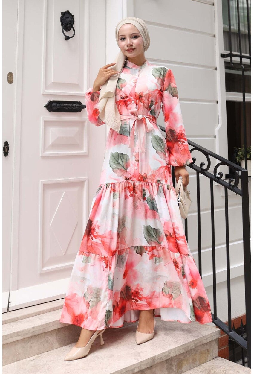 Kadın Desenli Uzun Tesettür Elbise 2586