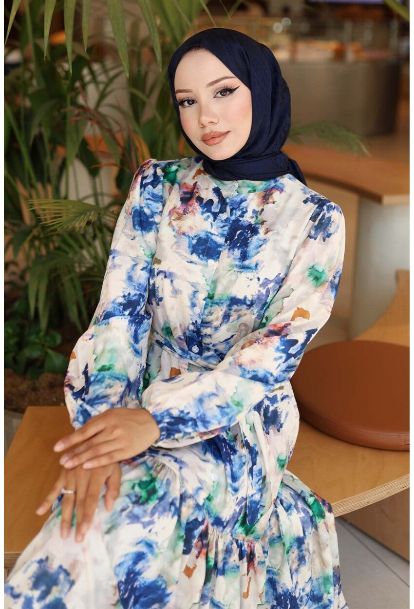 Kadın Desenli Uzun Tesettür Elbise 2586