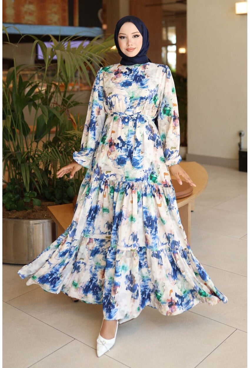 Kadın Desenli Uzun Tesettür Elbise 2586