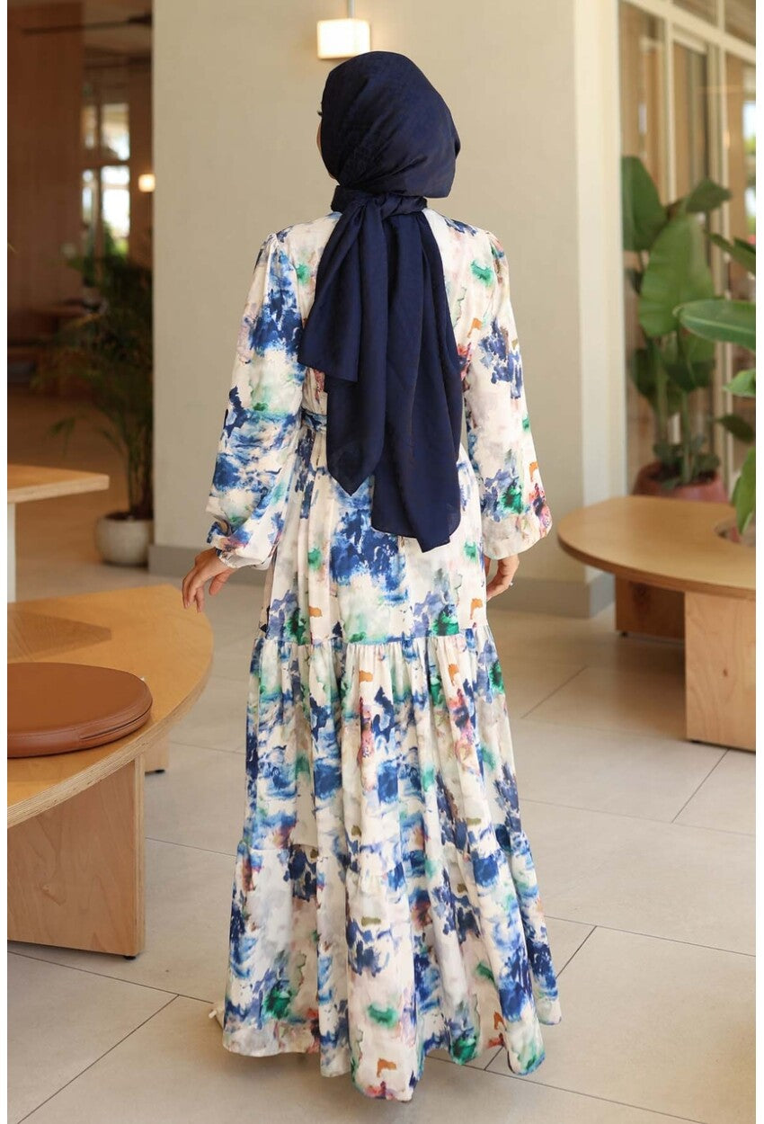 Kadın Desenli Uzun Tesettür Elbise 2586