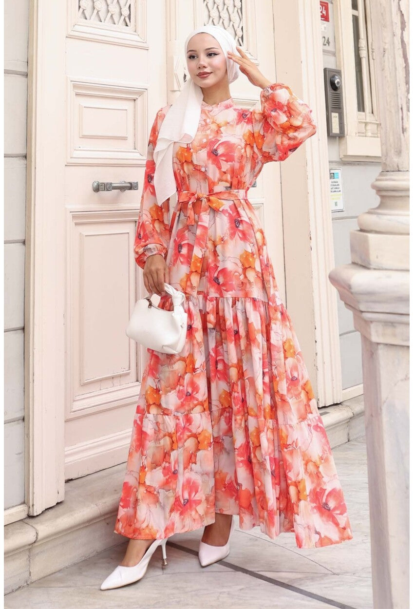 Kadın Desenli Uzun Tesettür Elbise 2586