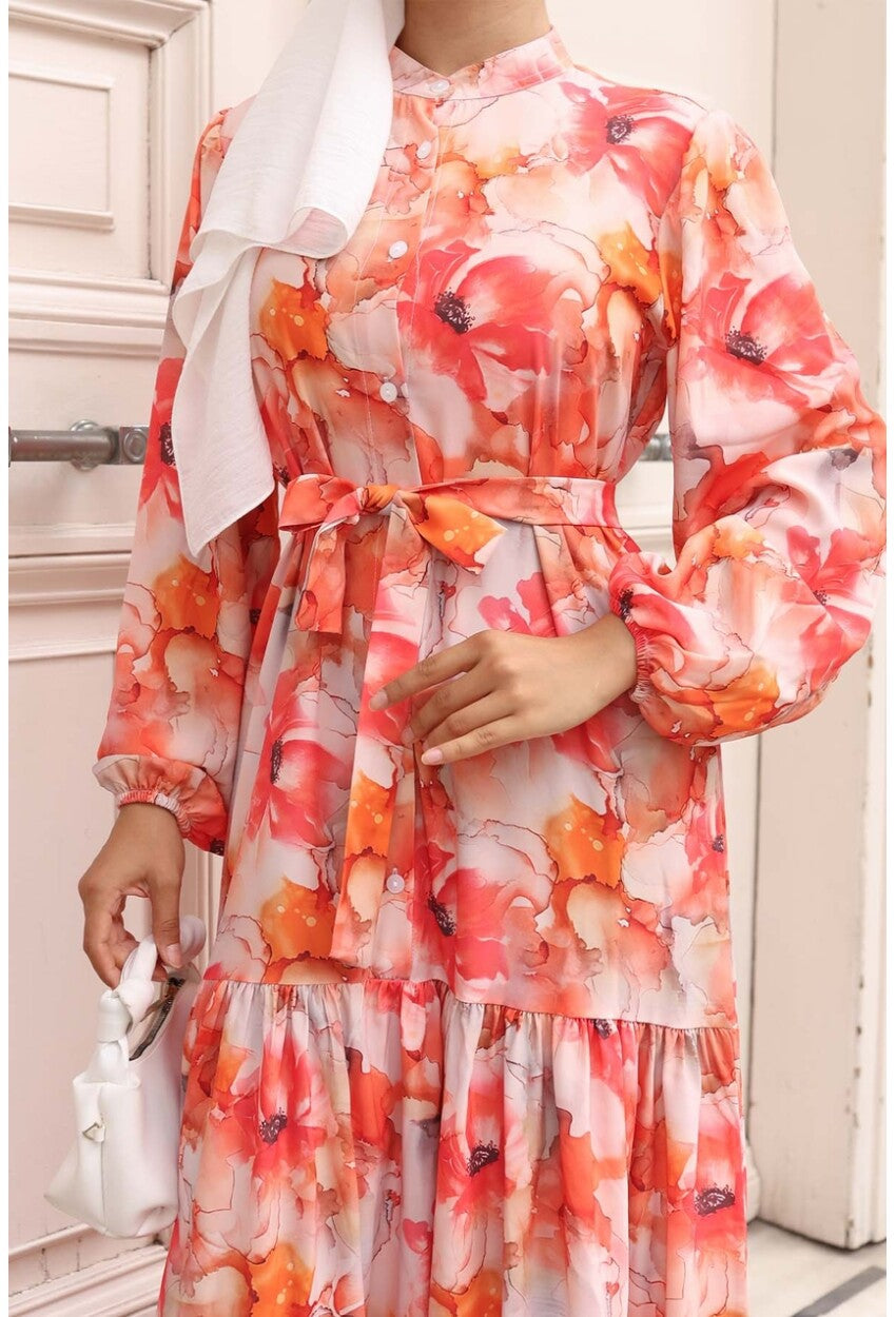 Kadın Desenli Uzun Tesettür Elbise 2586