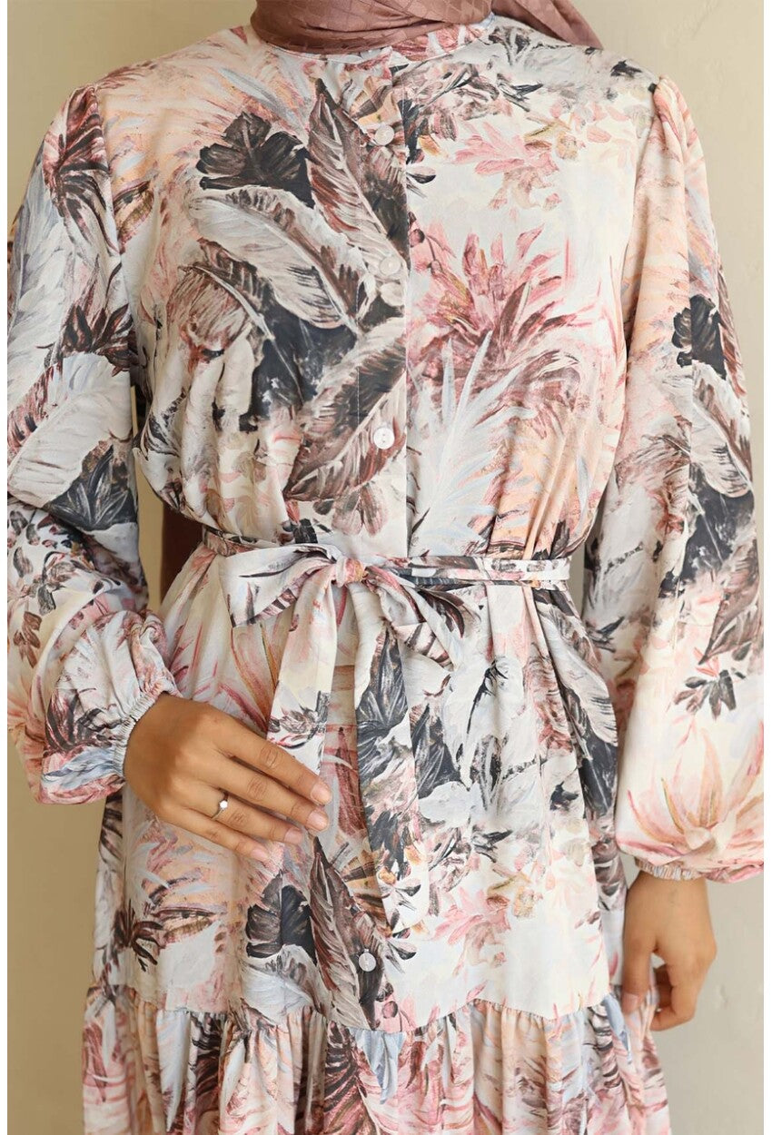 Kadın Desenli Uzun Tesettür Elbise 2586