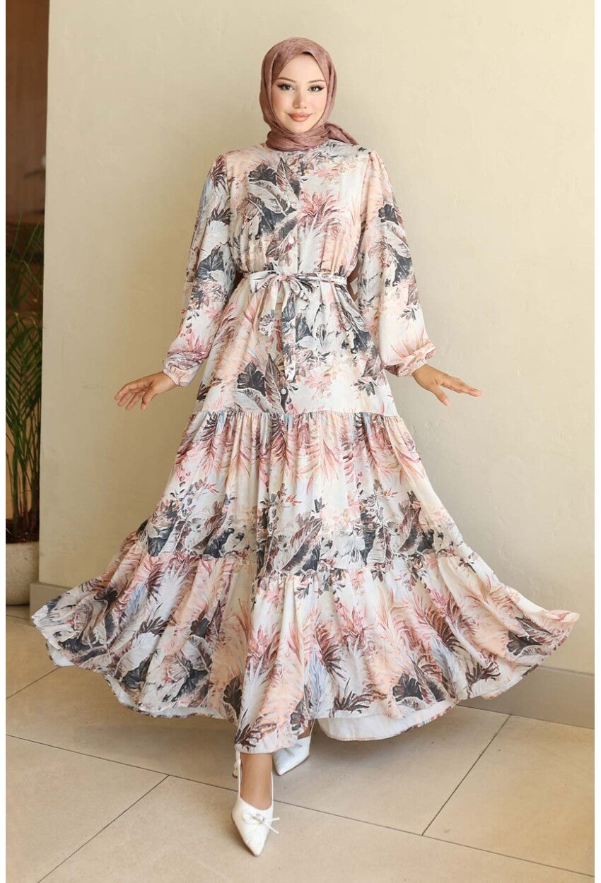Kadın Desenli Uzun Tesettür Elbise 2586