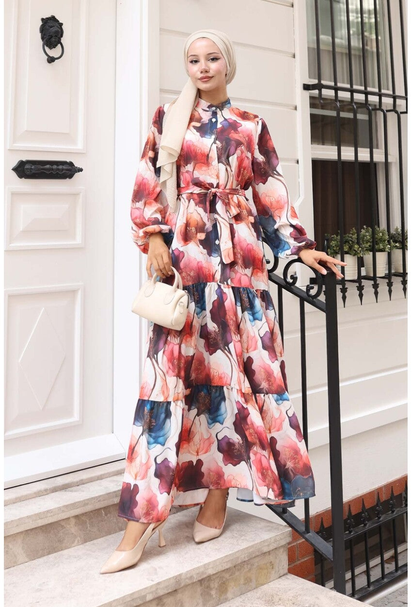 Kadın Desenli Uzun Tesettür Elbise 2586