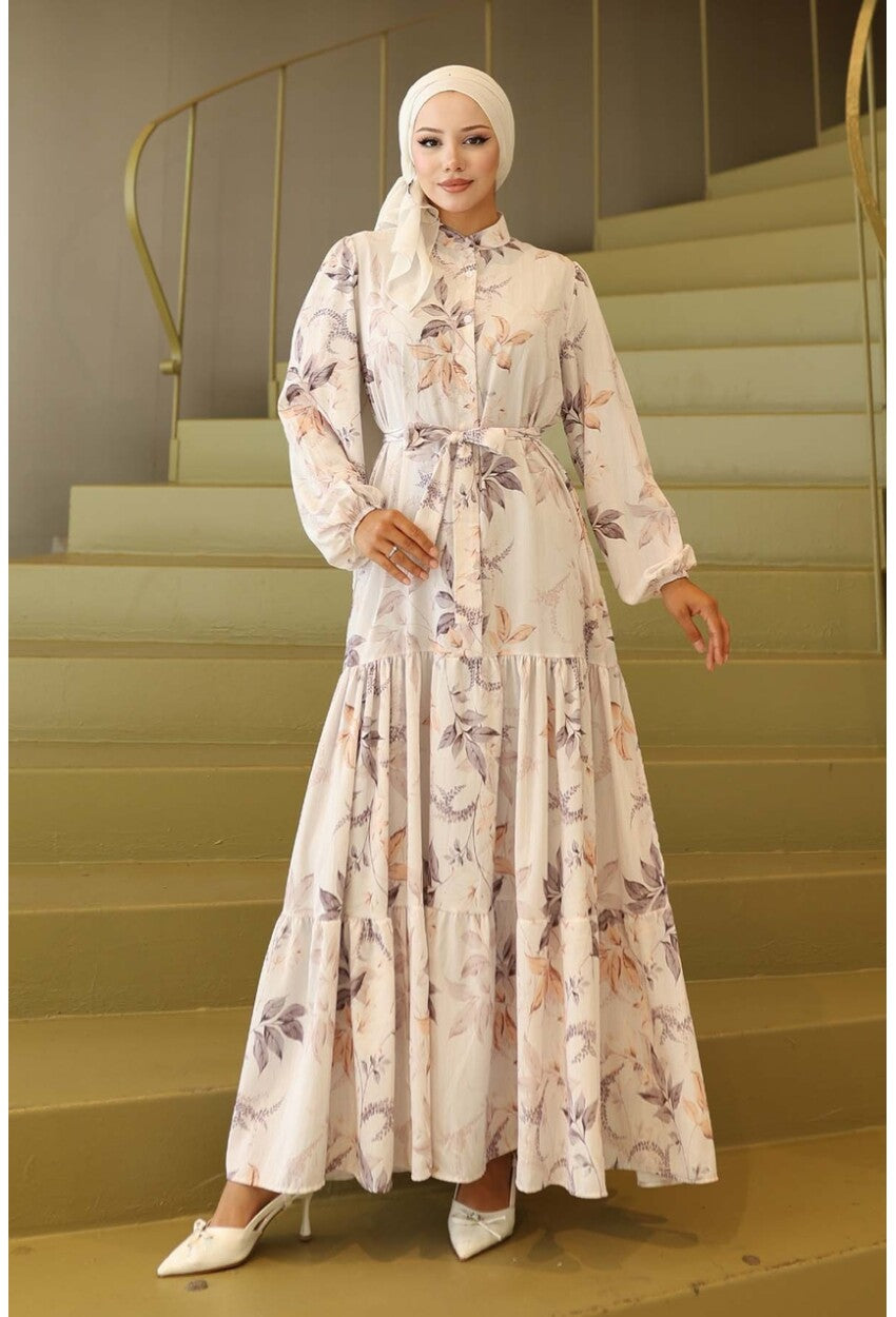 Kadın Desenli Uzun Tesettür Elbise 2586