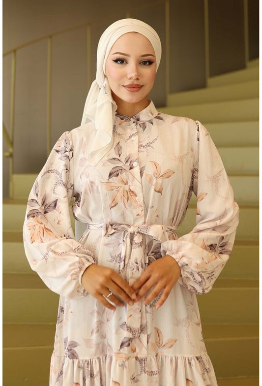 Kadın Desenli Uzun Tesettür Elbise 2586