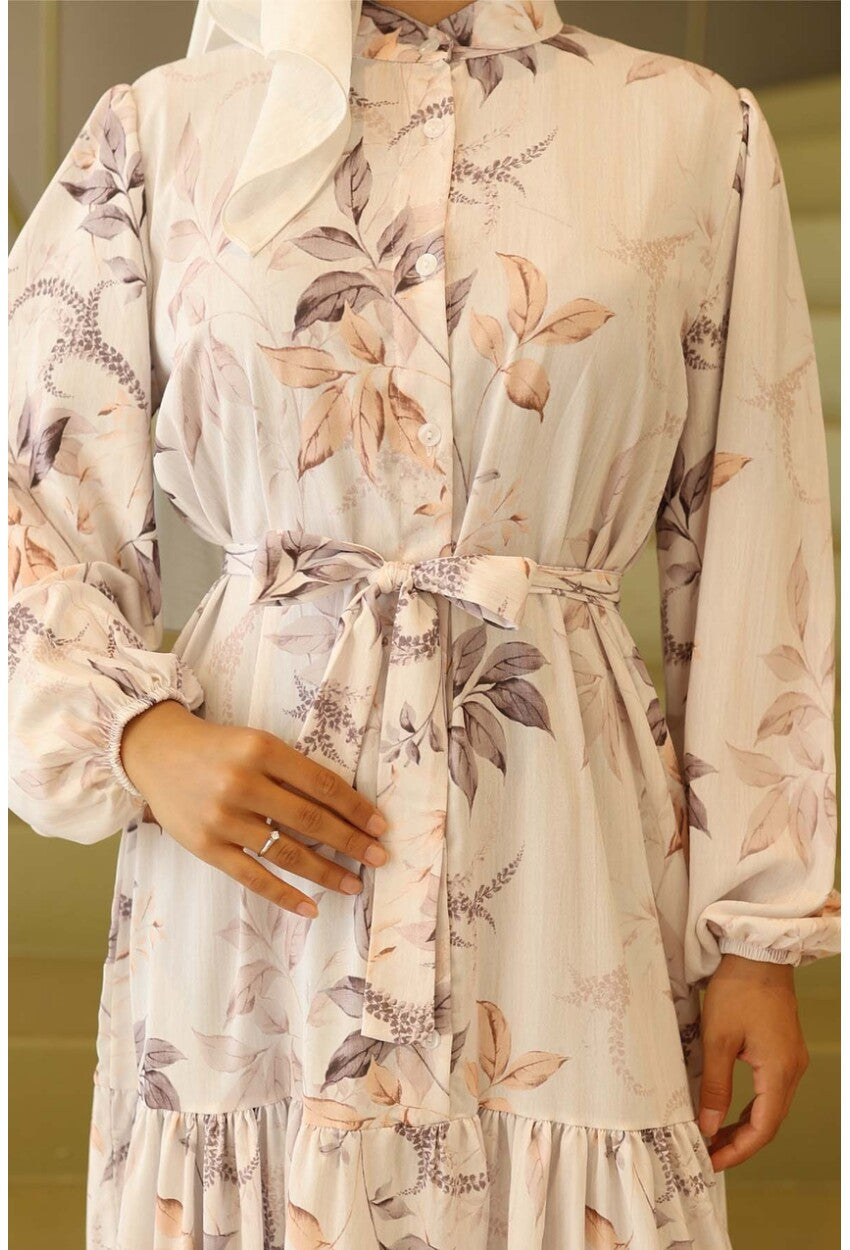 Kadın Desenli Uzun Tesettür Elbise 2586