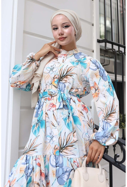 Kadın Desenli Uzun Tesettür Elbise 2586