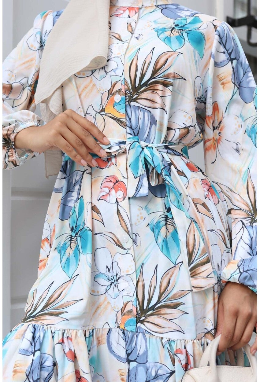 Kadın Desenli Uzun Tesettür Elbise 2586