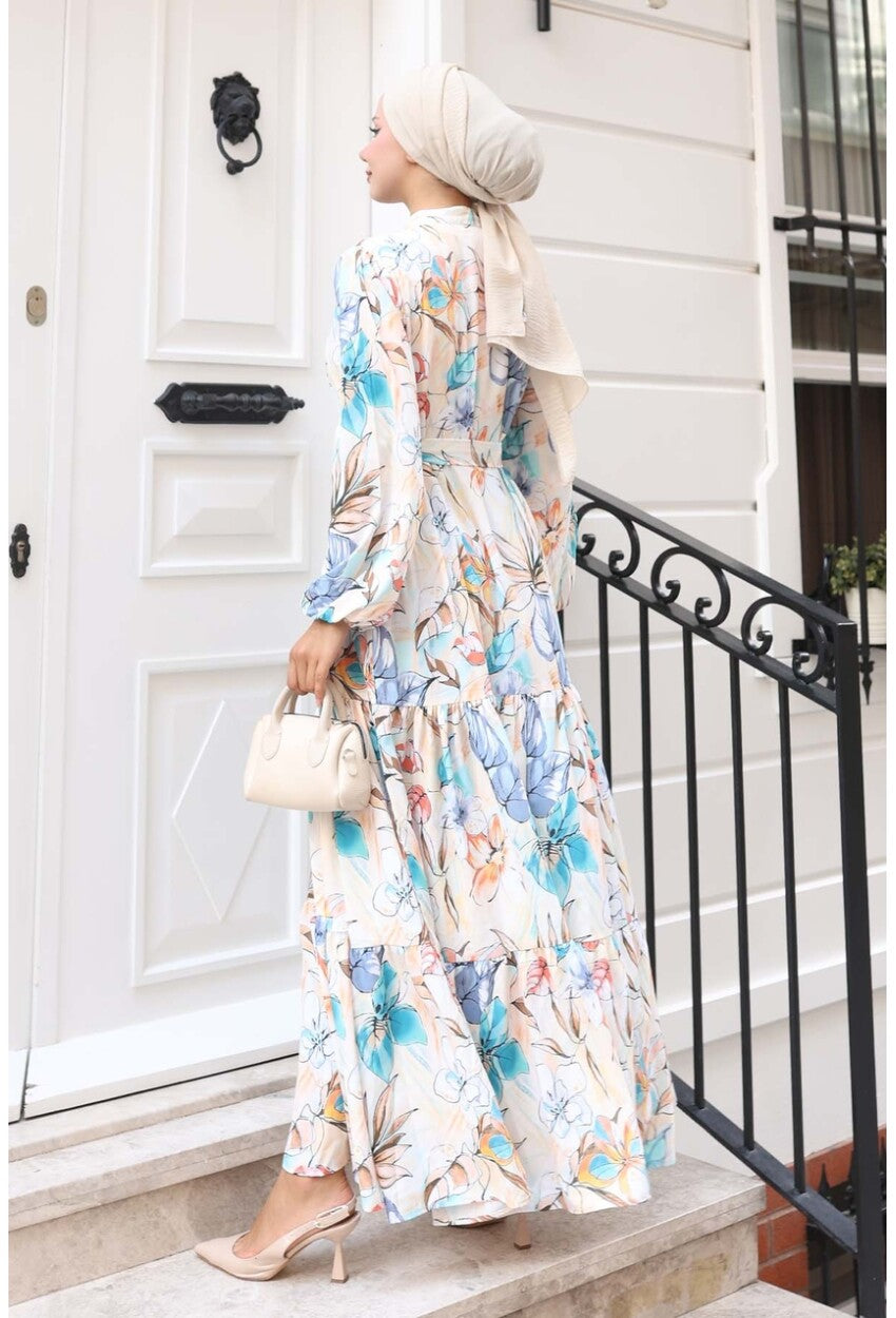 Kadın Desenli Uzun Tesettür Elbise 2586