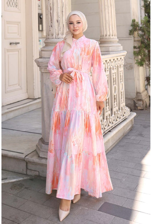 Kadın Desenli Uzun Tesettür Elbise 2586