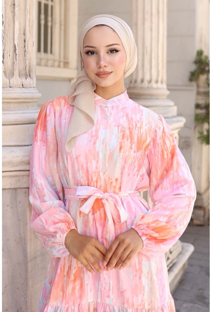 Kadın Desenli Uzun Tesettür Elbise 2586