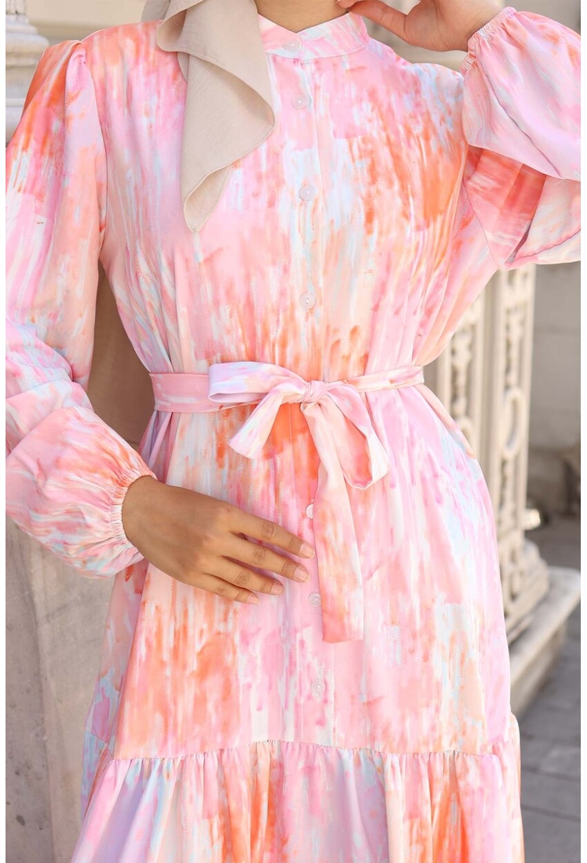 Kadın Desenli Uzun Tesettür Elbise 2586