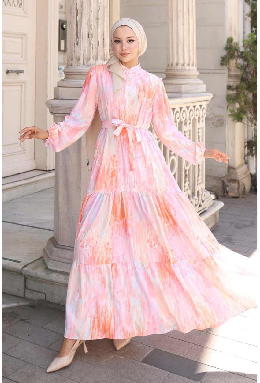 Kadın Desenli Uzun Tesettür Elbise 2586