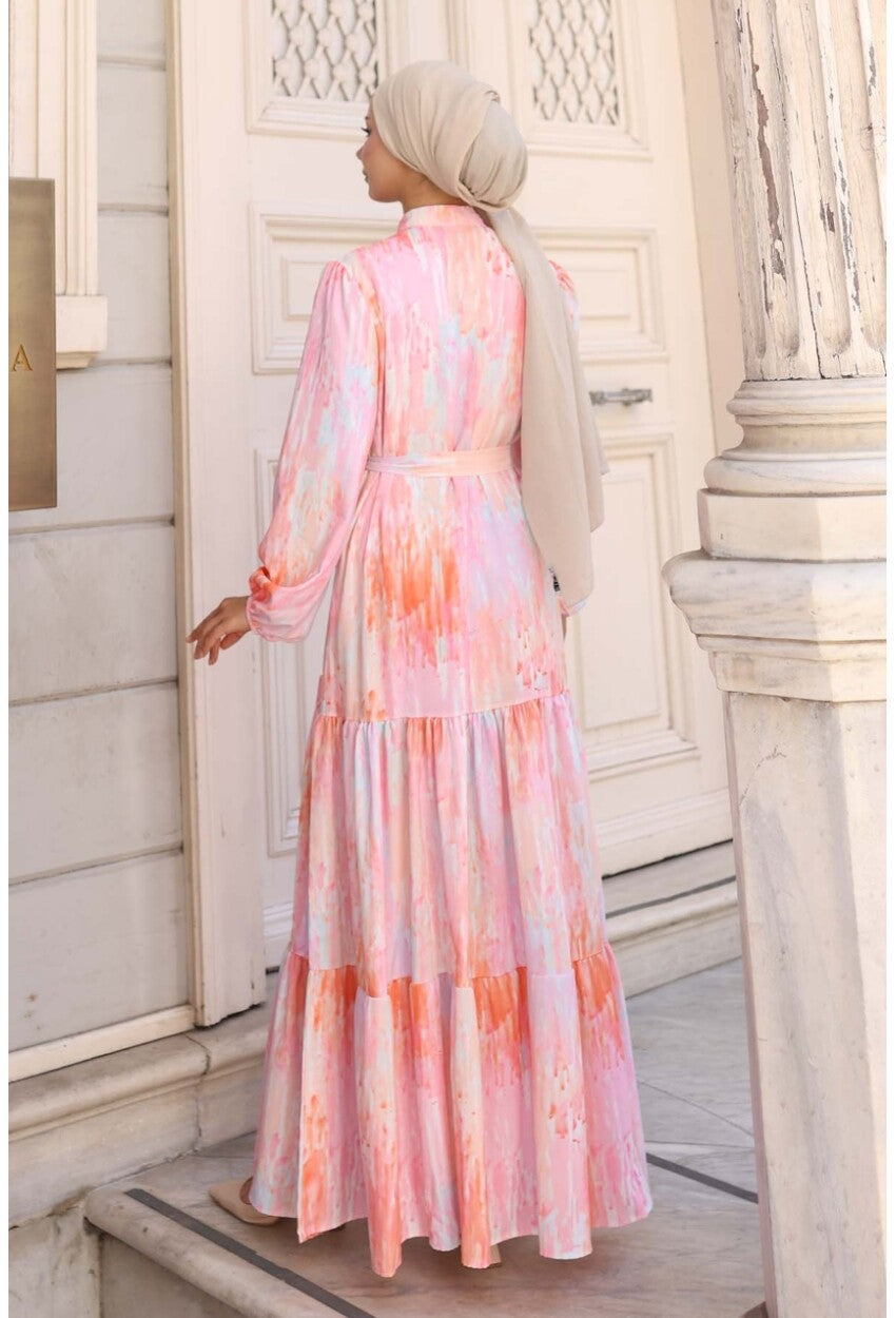 Kadın Desenli Uzun Tesettür Elbise 2586