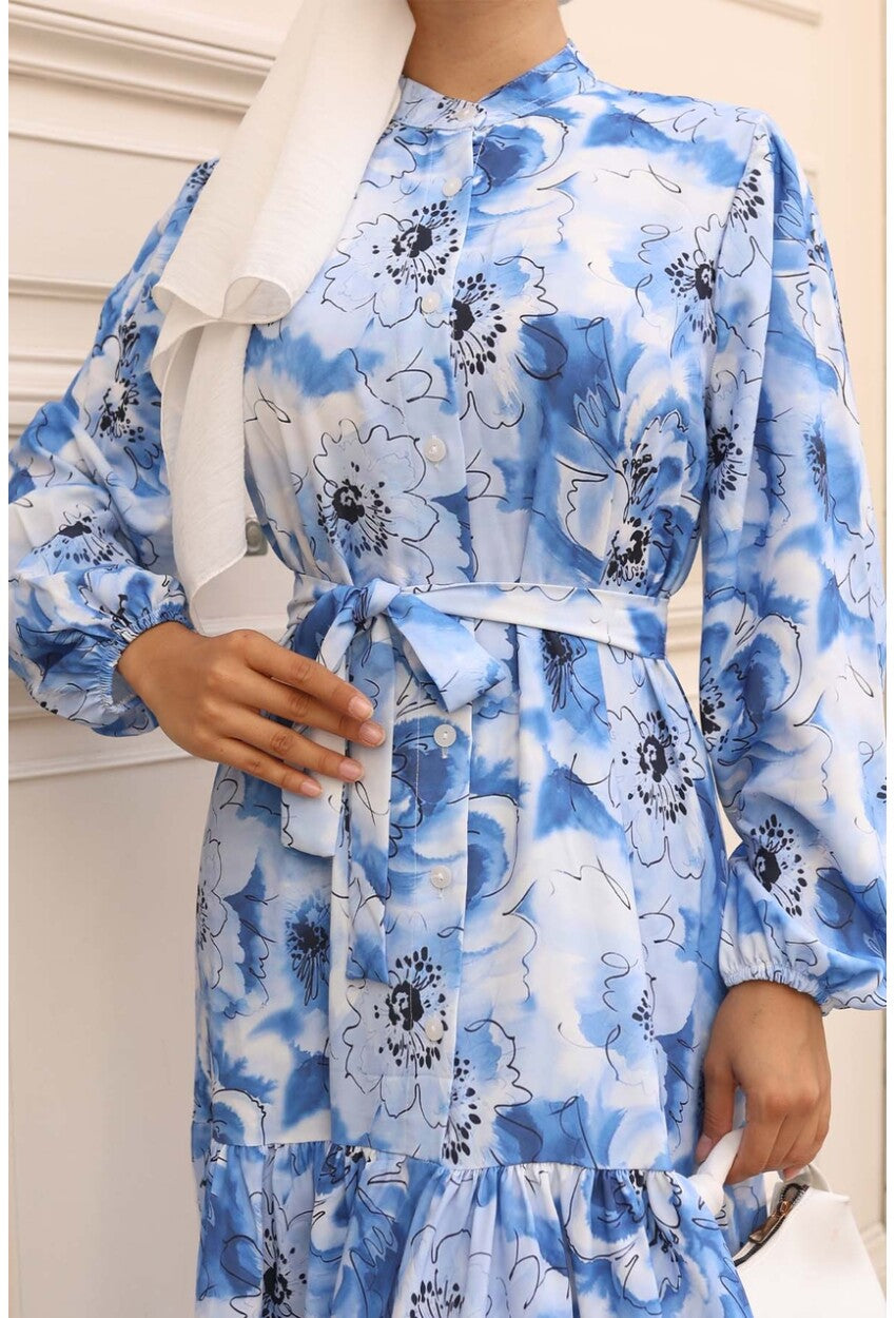 Kadın Desenli Uzun Tesettür Elbise 2586