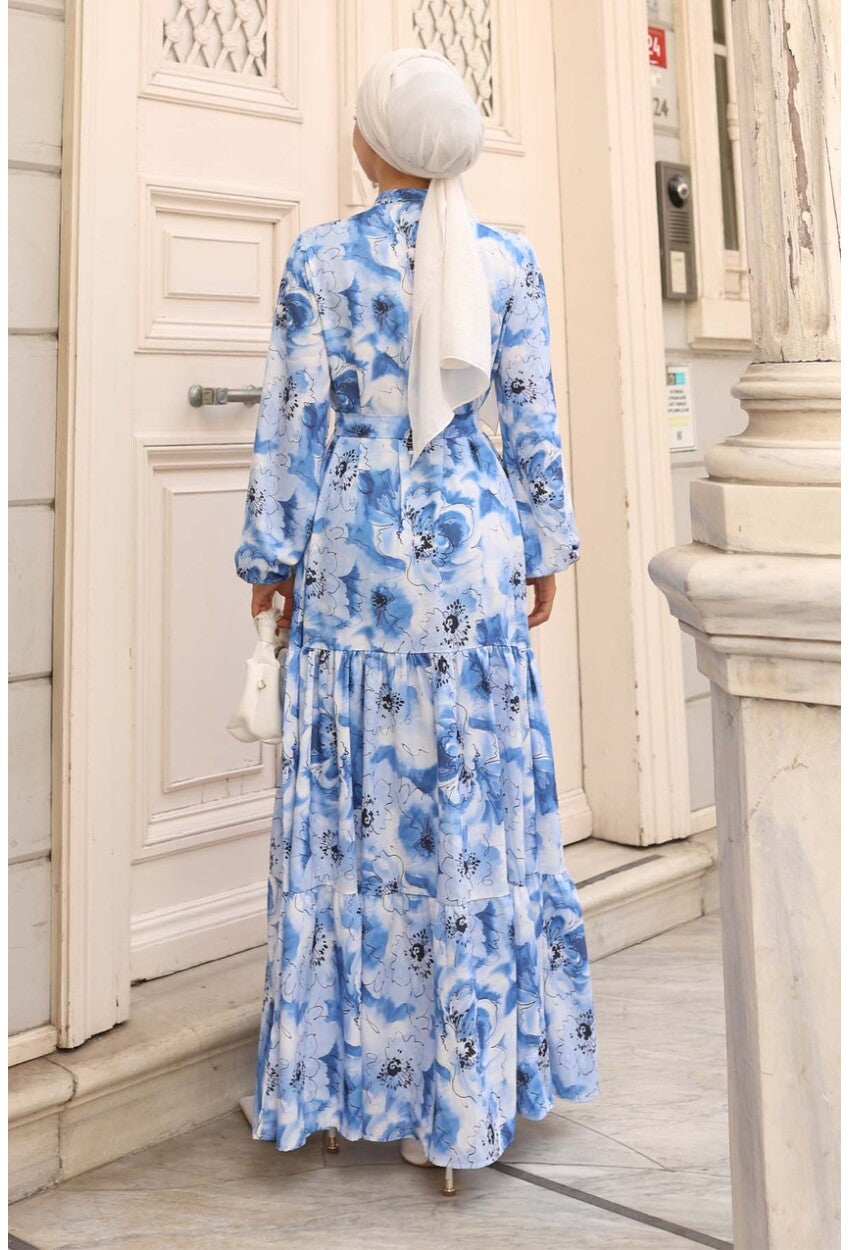 Kadın Desenli Uzun Tesettür Elbise 2586