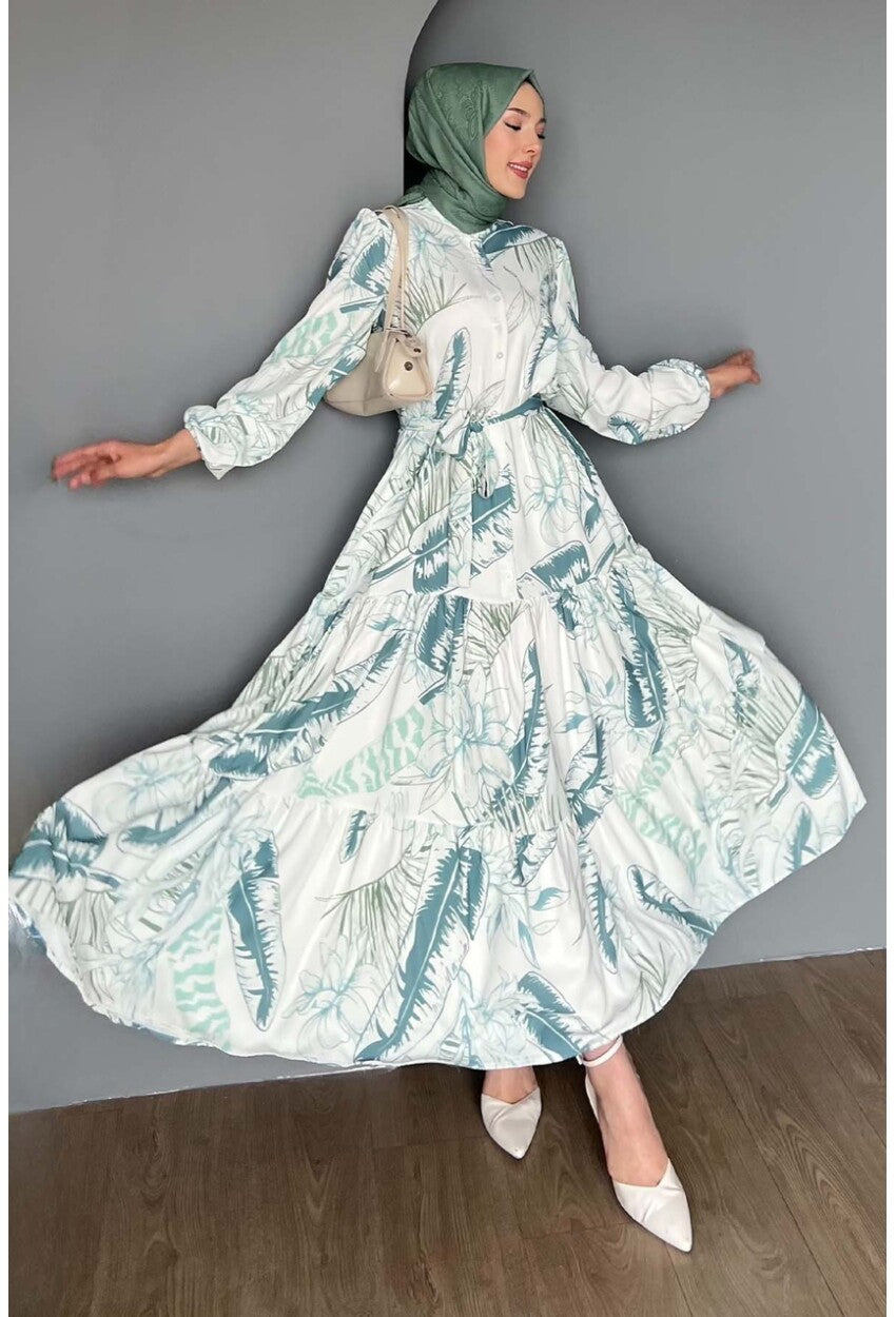 Kadın Desenli Uzun Tesettür Elbise 2586