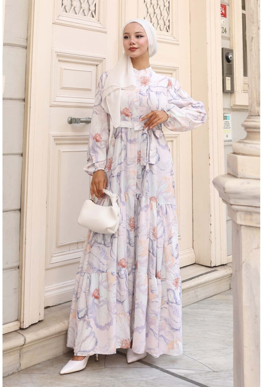 Kadın Desenli Uzun Tesettür Elbise 2586