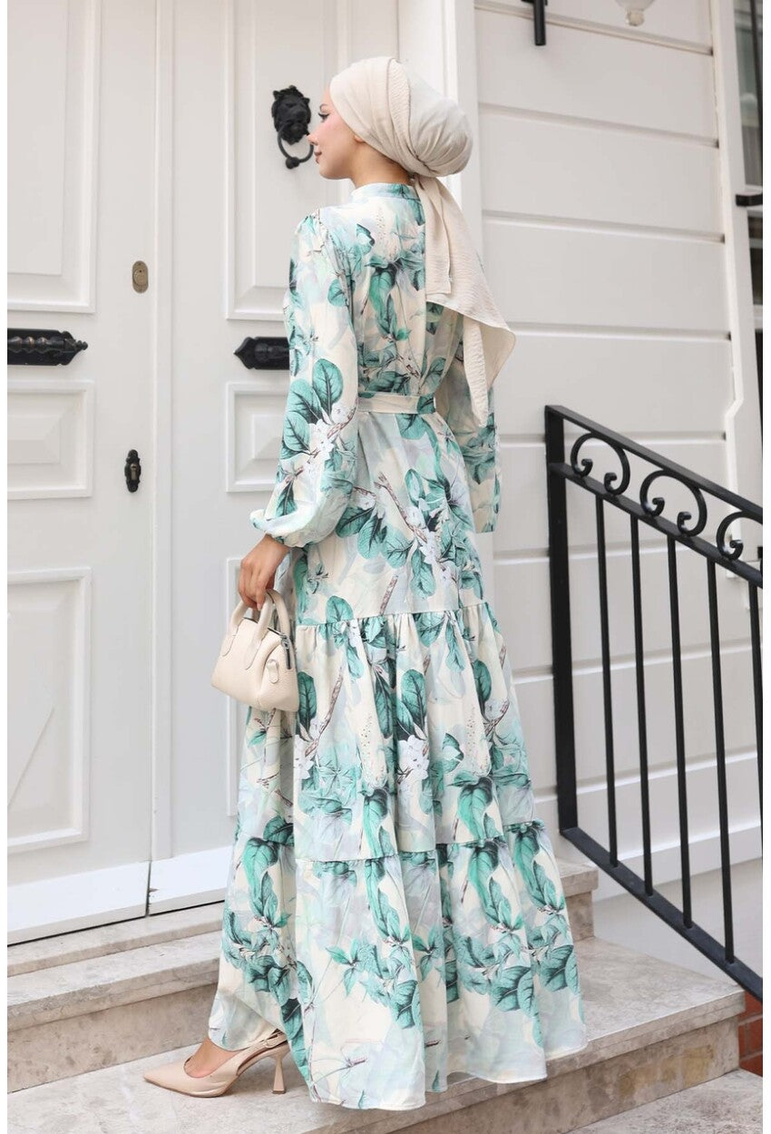 Kadın Desenli Uzun Tesettür Elbise 2586