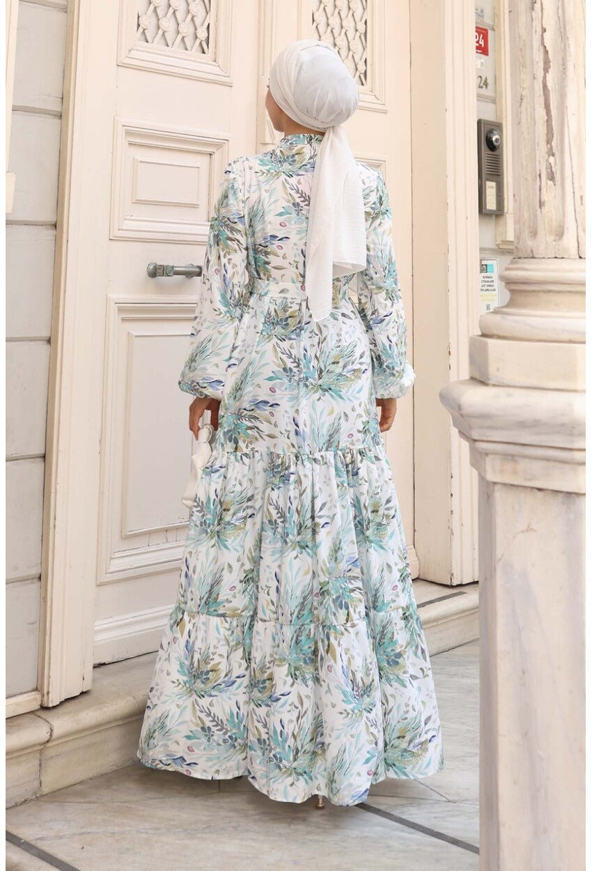 Kadın Desenli Uzun Tesettür Elbise 2586