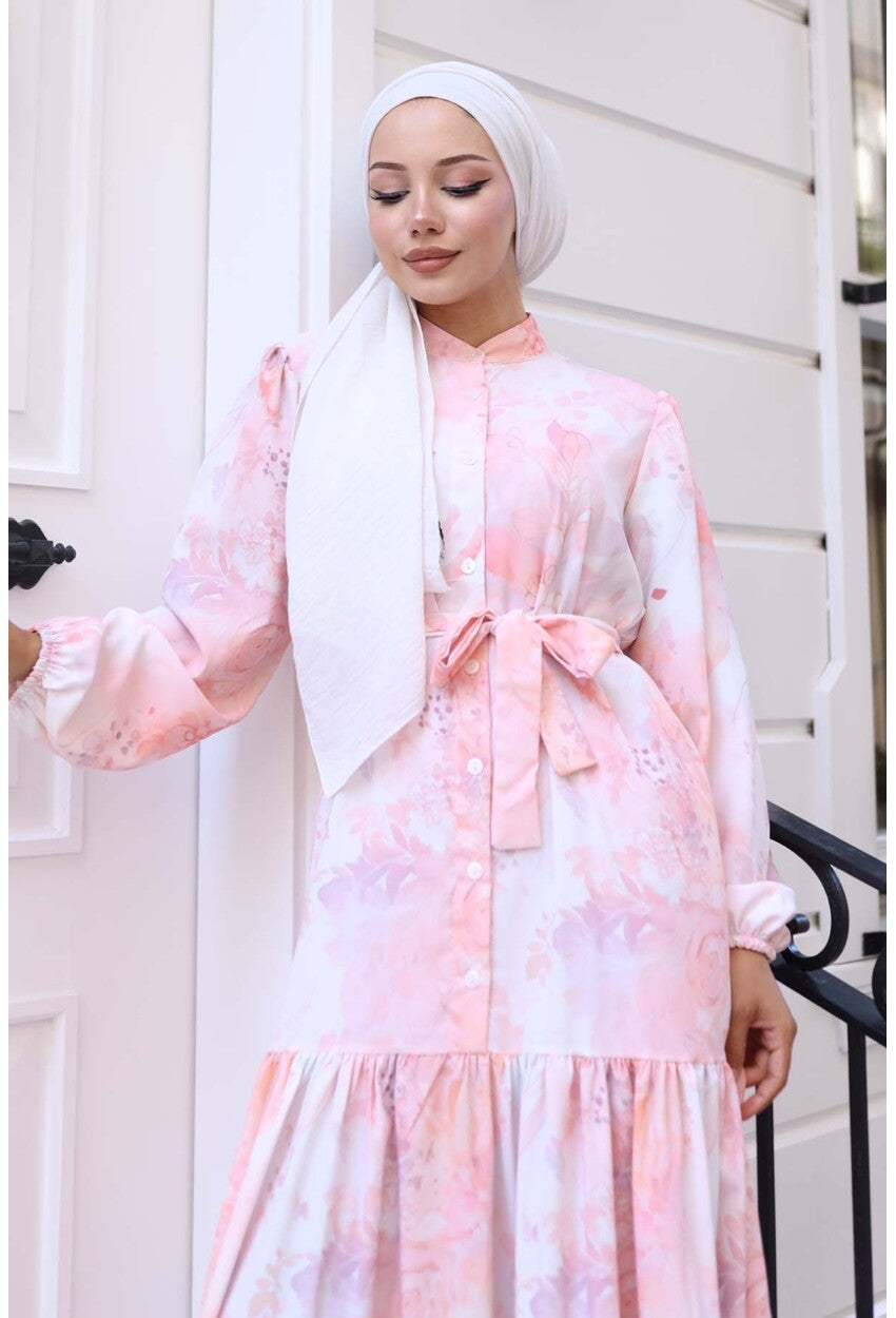 Kadın Desenli Uzun Tesettür Elbise 2586