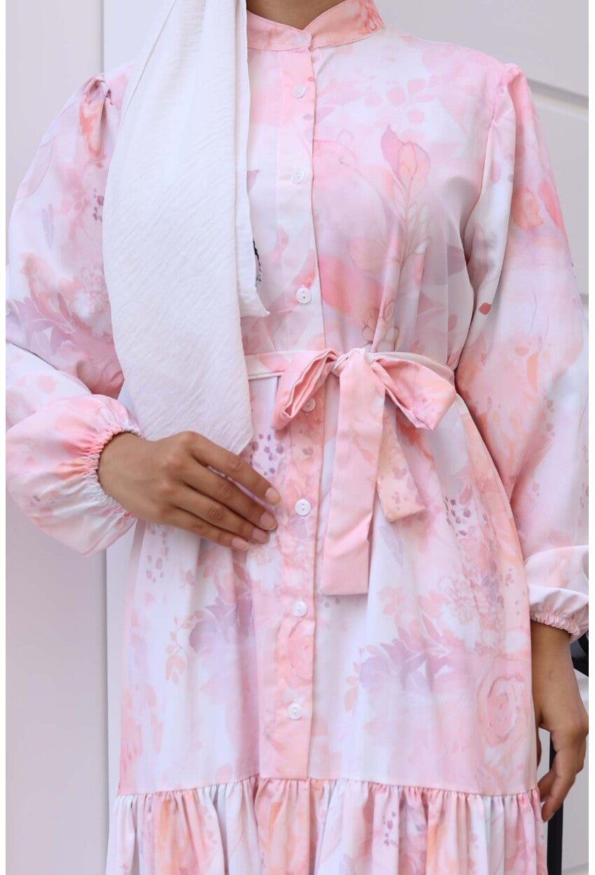 Kadın Desenli Uzun Tesettür Elbise 2586