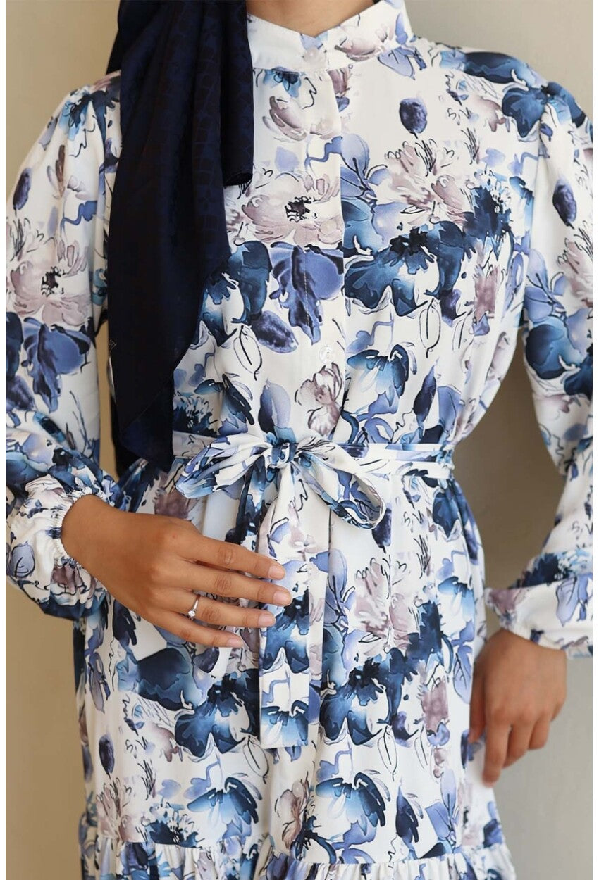 Kadın Desenli Uzun Tesettür Elbise 2586