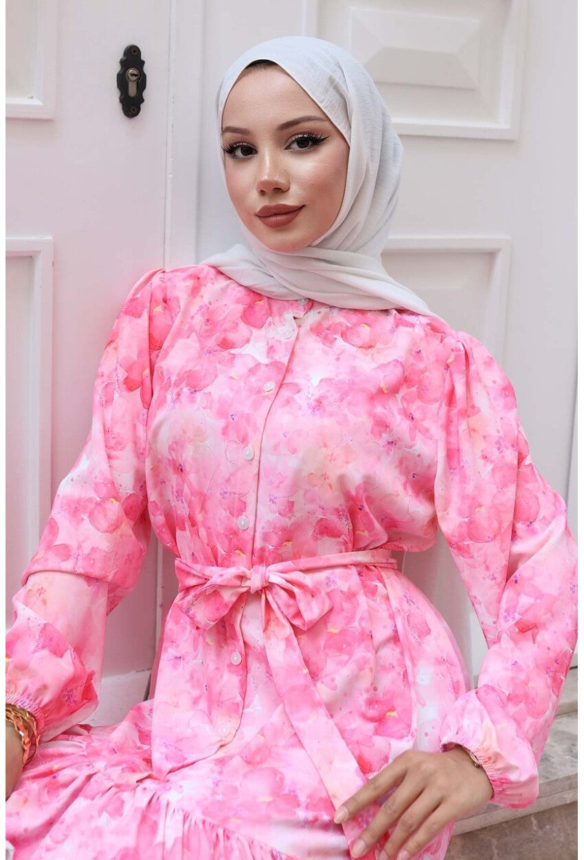 Kadın Desenli Uzun Tesettür Elbise 2586