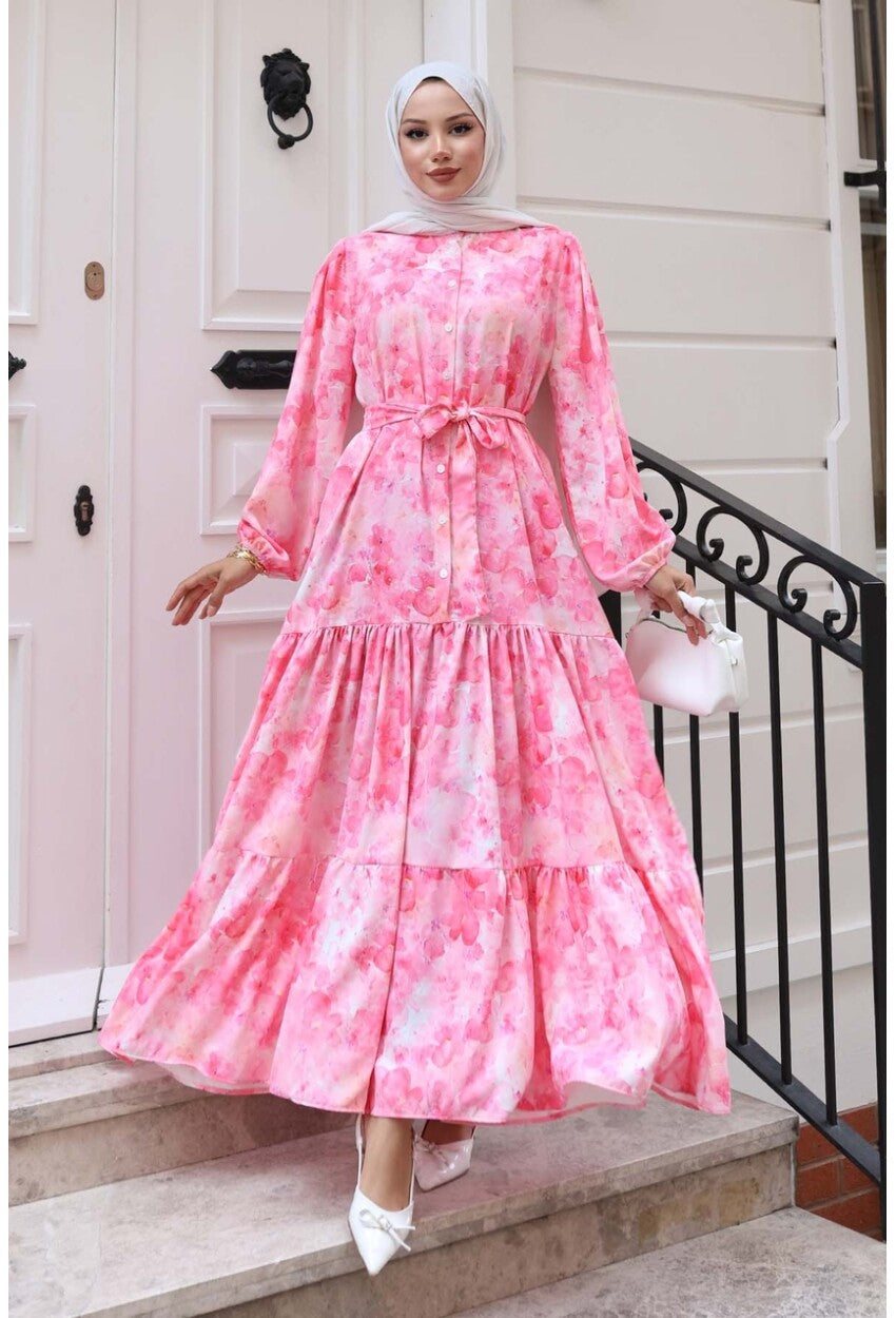 Kadın Desenli Uzun Tesettür Elbise 2586