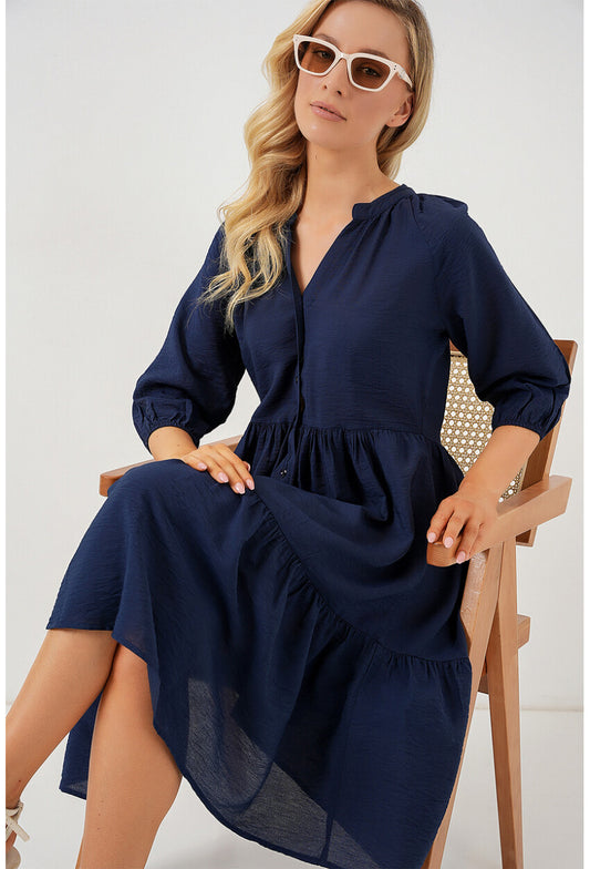 Kadın Düğmeli Kısa Kol Elbise 2559