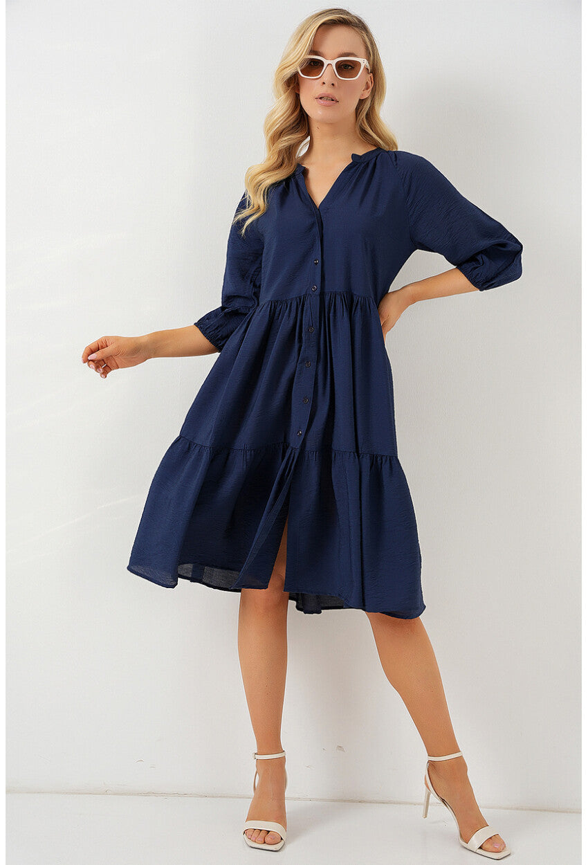 Kadın Düğmeli Kısa Kol Elbise 2559