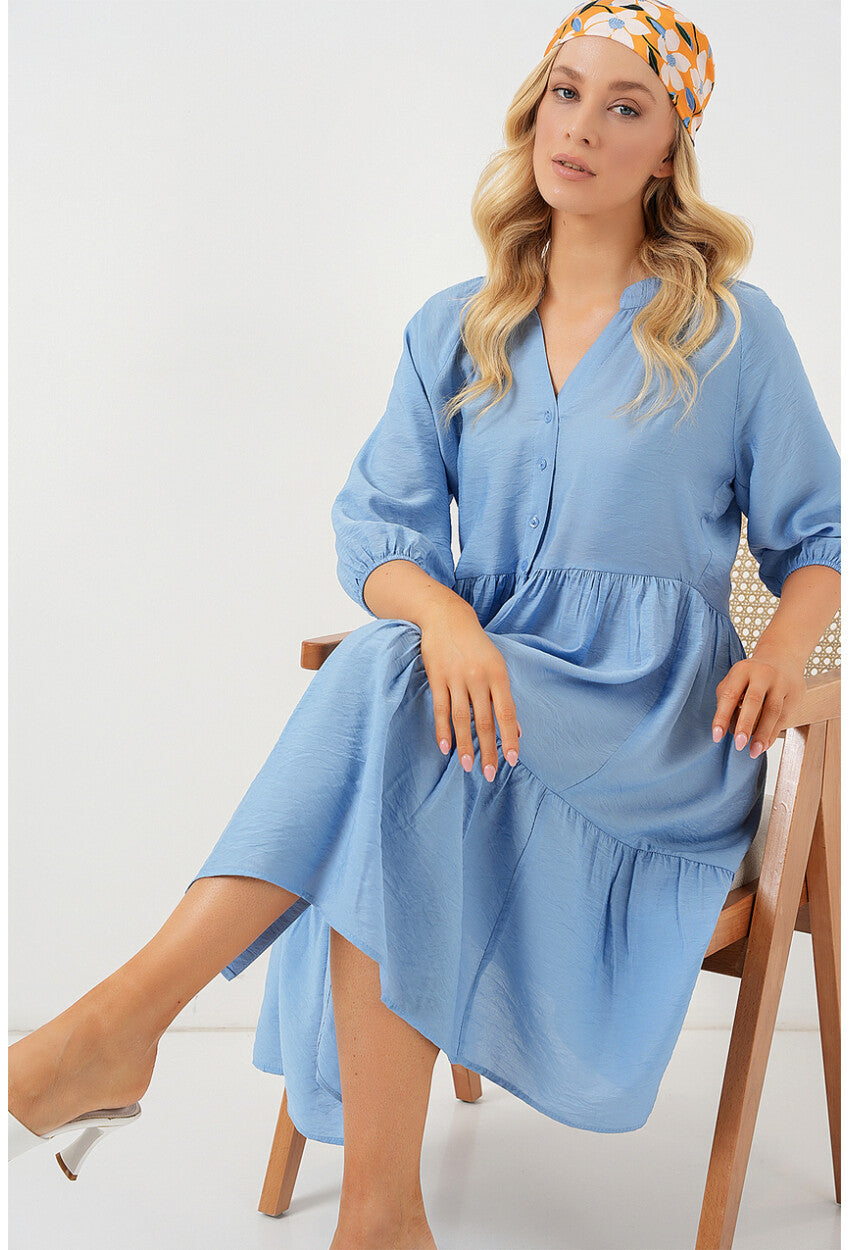 Kadın Düğmeli Kısa Kol Elbise 2559