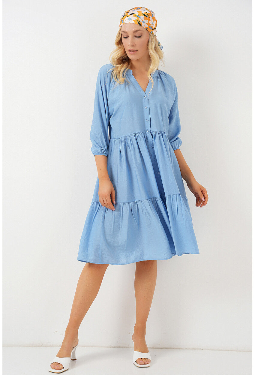 Kadın Düğmeli Kısa Kol Elbise 2559