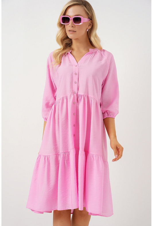 Kadın Düğmeli Kısa Kol Elbise 2559