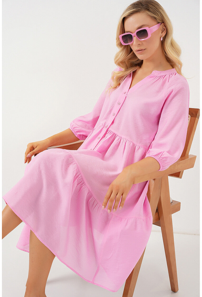 Kadın Düğmeli Kısa Kol Elbise 2559