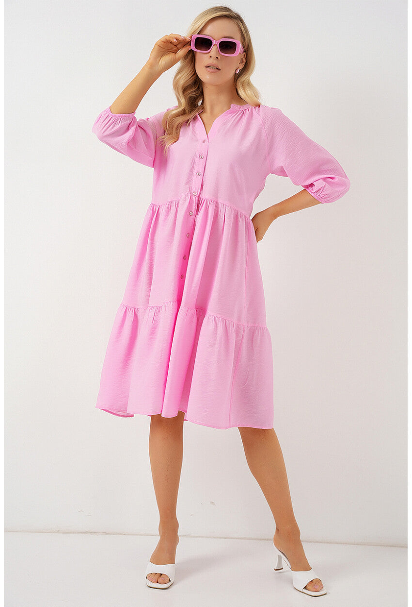 Kadın Düğmeli Kısa Kol Elbise 2559